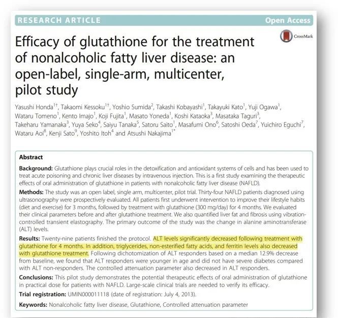 After 4 months of treatment with glutathione, ALT levels were significantly reduced. In addition, glutathione treatment reduced triglyceride, non-esterified fatty acids and ferritin levels.