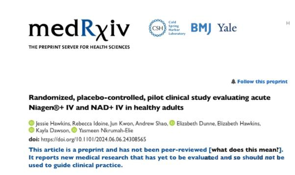 Randomized, placebo-controlled, pilot clinical study evaluating acute Niagen®+ IV and NAD+ IV in healthy adults