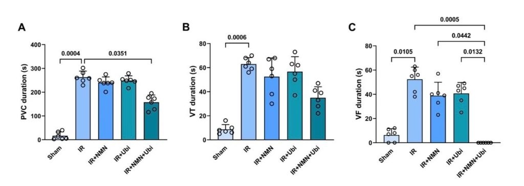 NMN+ Coenzyme Q10 significantly reduced the duration of arrhythmia after myocardial IR injury